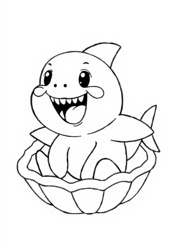 Desenho do Baby Shark famoso sentado em uma concha para colorir