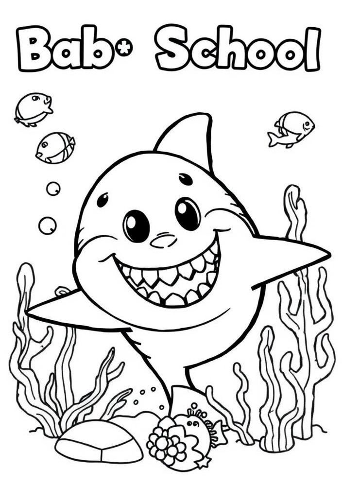 Desenho do Baby Shark na escola de peixes para colorir