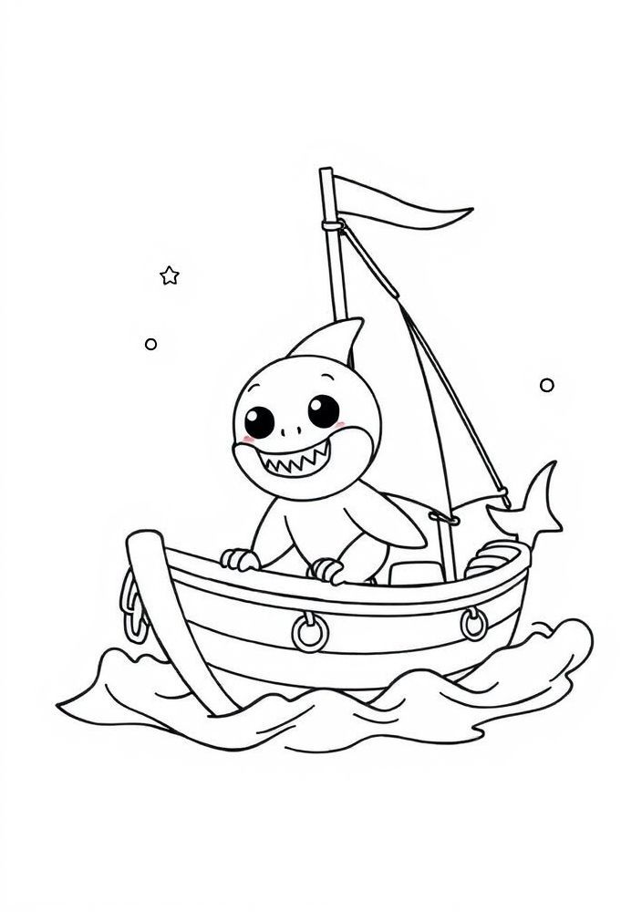 Desenho do Baby Shark navegando em um barco para colorir