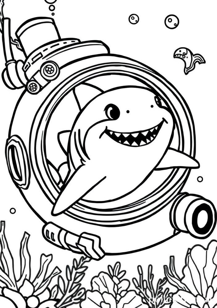 Desenho do Baby Shark num passeio de submarino para colorir