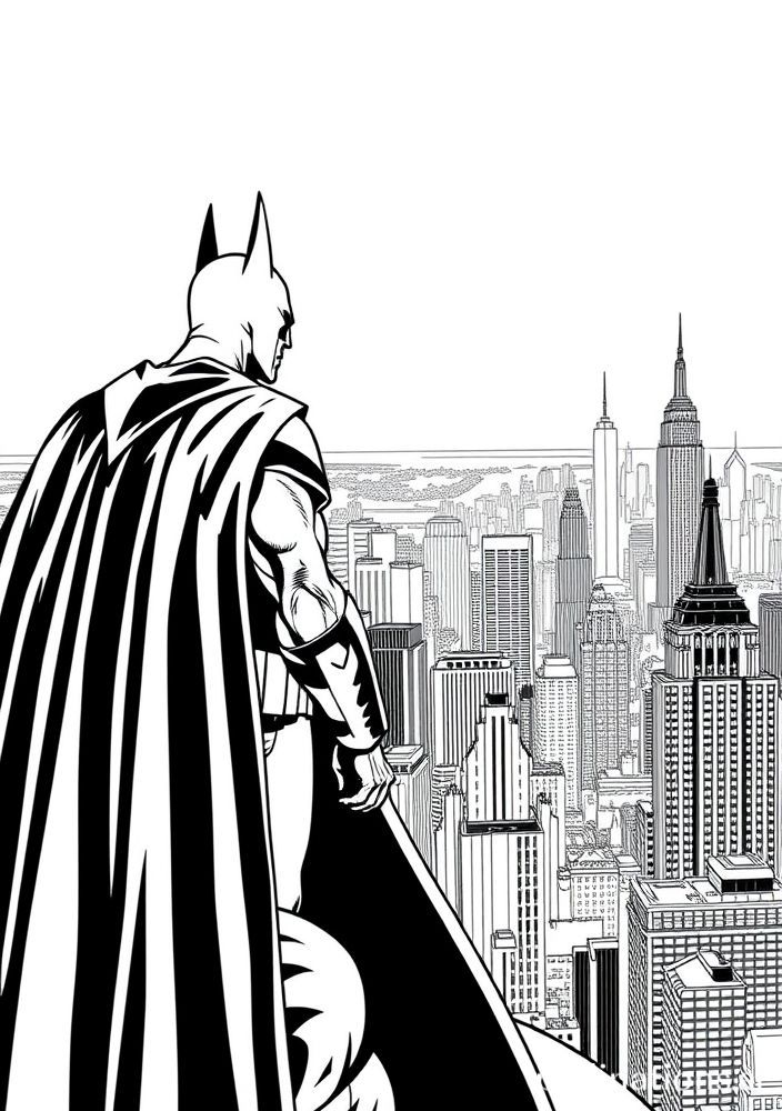 Desenho do Batman com a cidade de Gotham ao fundo para colorir