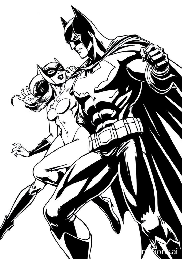 Desenho do Batman e Mulher-Gato em uma cena de ação para colorir