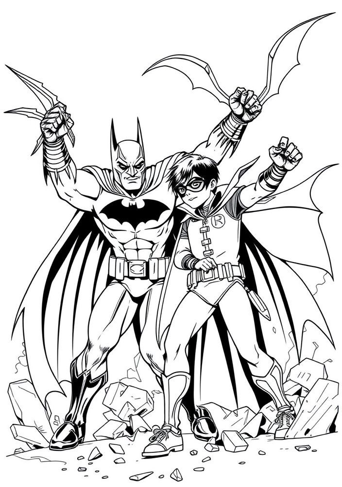 Desenho do Batman e Robin em ação para colorir