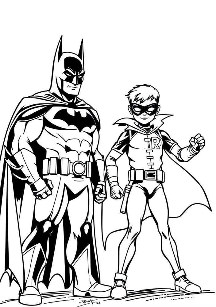 Desenho do Batman e Robin prontos para a batalha para colorir