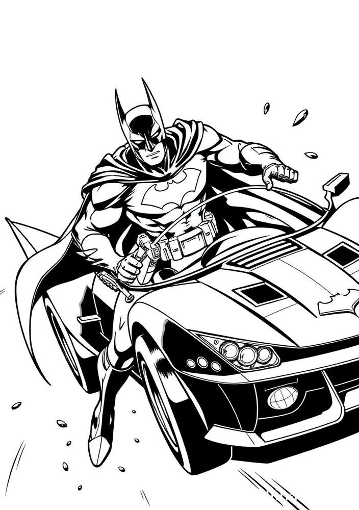 Desenho do Batman em ação com seu Batmóvel para colorir