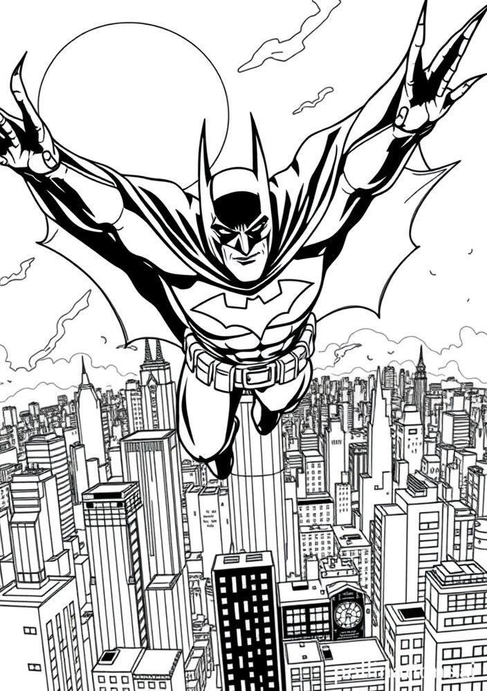 Desenho do Batman voando sobre Gotham para colorir