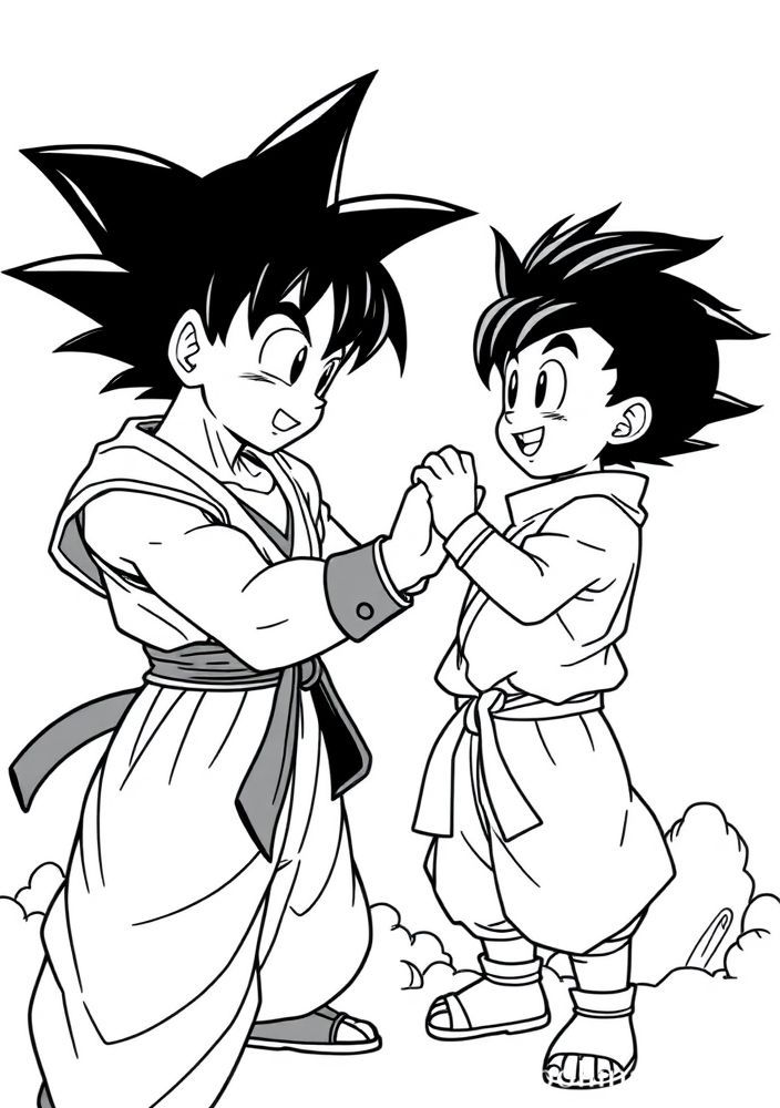Desenho do Goku e Goten treinando juntos para colorir