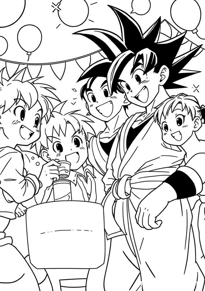 Desenho do Goku e seus amigos em uma festa para colorir