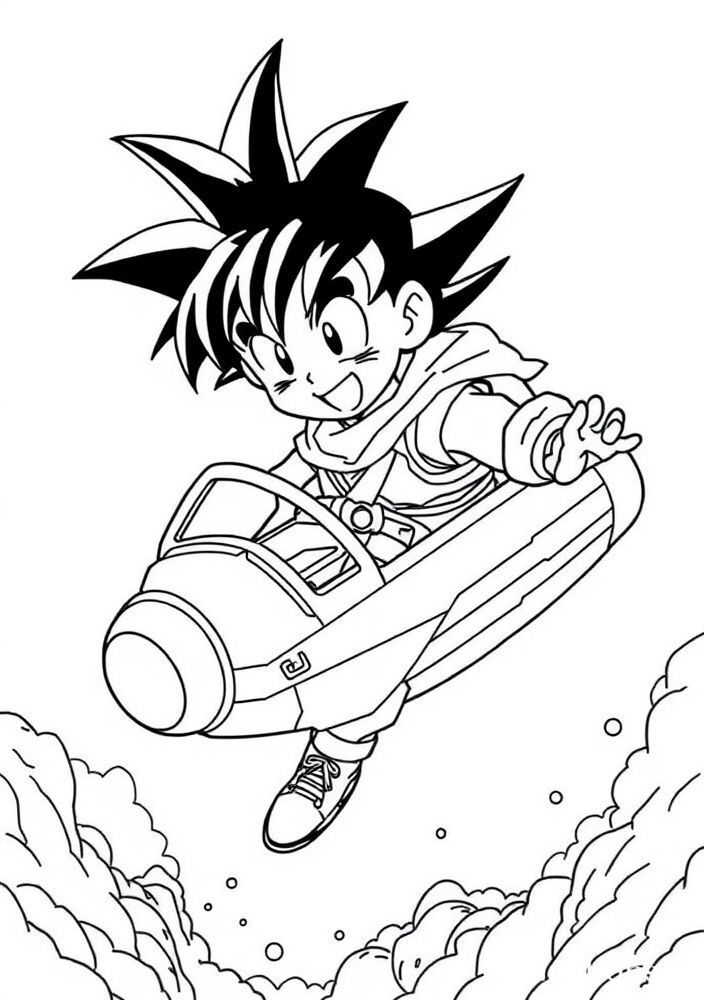 Desenho do Goku em seu veículo para colorir