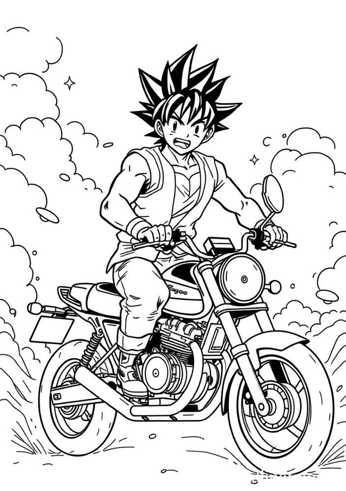 Desenho do Goku em um passeio de motocicleta para colorir