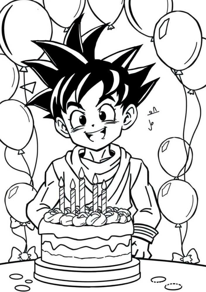 Desenho do Goku em uma cena de festa de aniversário para colorir