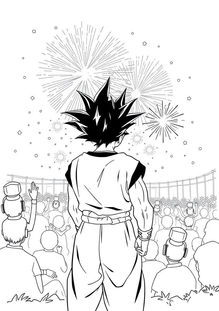 Desenho do Goku em uma cena de fogos de artifício para colorir