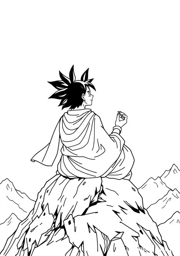 Desenho do Goku meditando em uma montanha para colorir