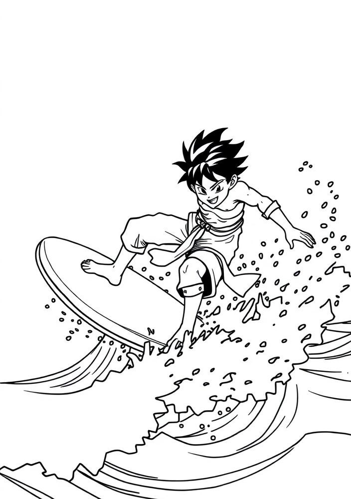 Desenho do Goku surfando para colorir