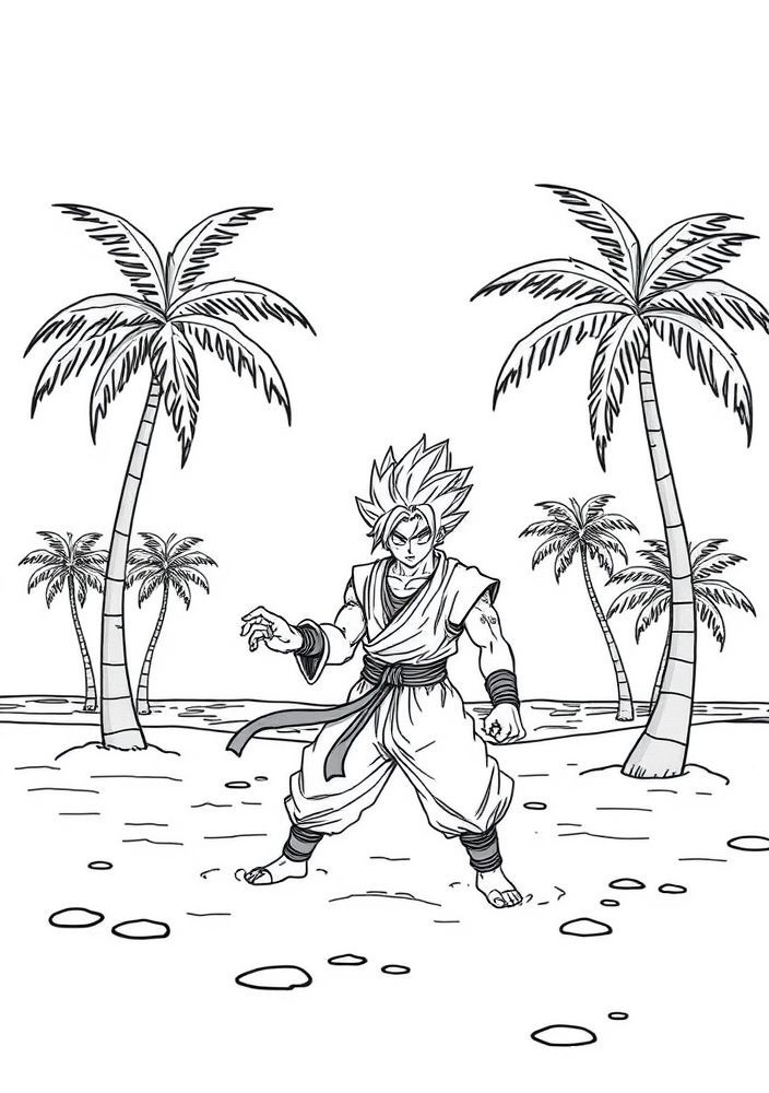 Desenho do Goku treinando com o Mestre Kame para colorir