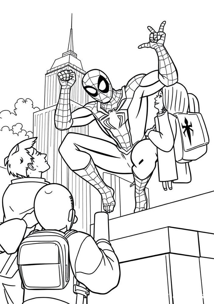 Desenho do Homem Aranha ajudando os cidadãos de Nova York para colorir