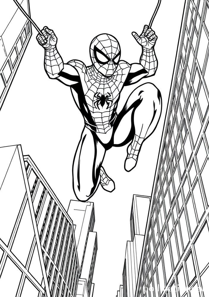 Desenho do Homem Aranha balançando entre os prédios para colorir