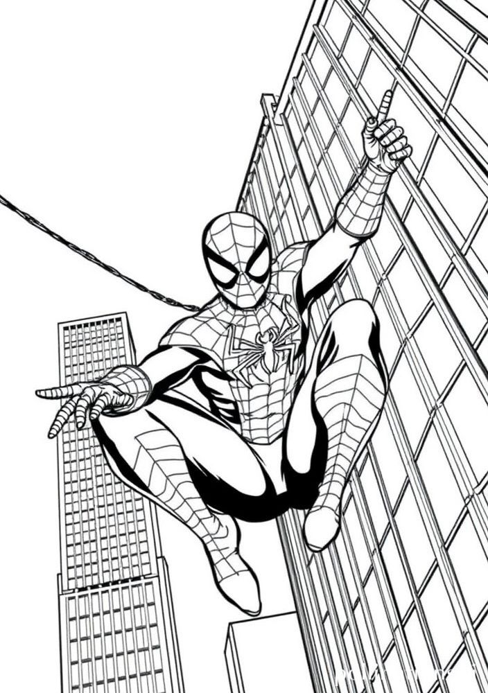 Desenho do Homem Aranha balançando entre os prédios para colorir