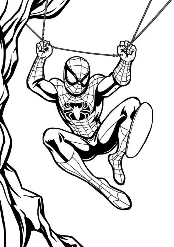 Desenho do Homem Aranha balançando na teia para colorir