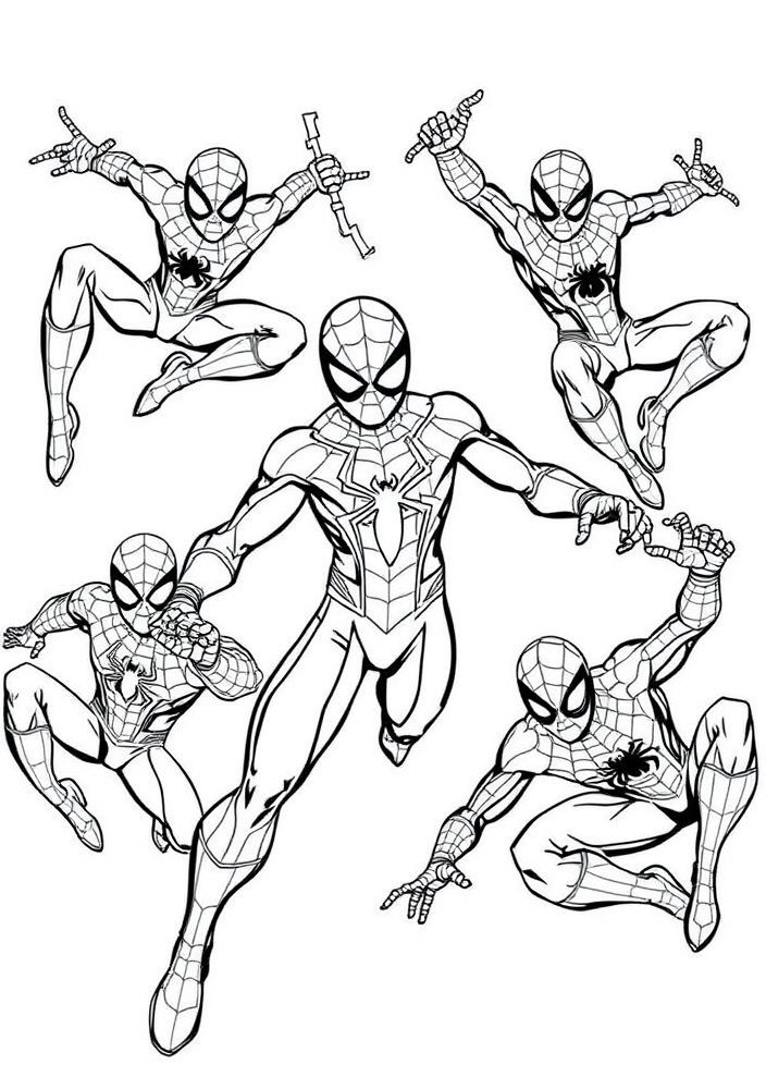 Desenho do Homem Aranha com seu traje em várias poses para colorir