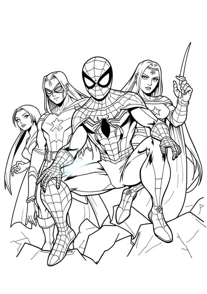 Desenho do Homem Aranha com seus amigos Vingadores para colorir