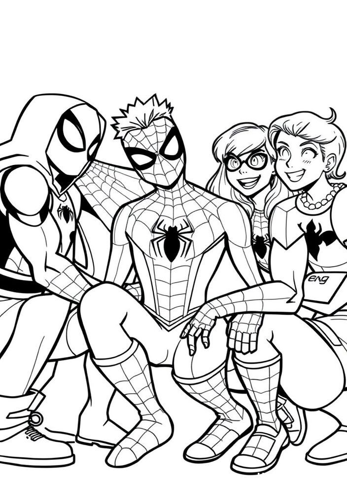 Desenho do Homem Aranha com seus amigos para colorir