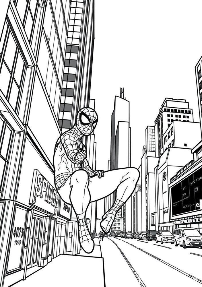 Desenho do Homem Aranha durante o dia na cidade para colorir