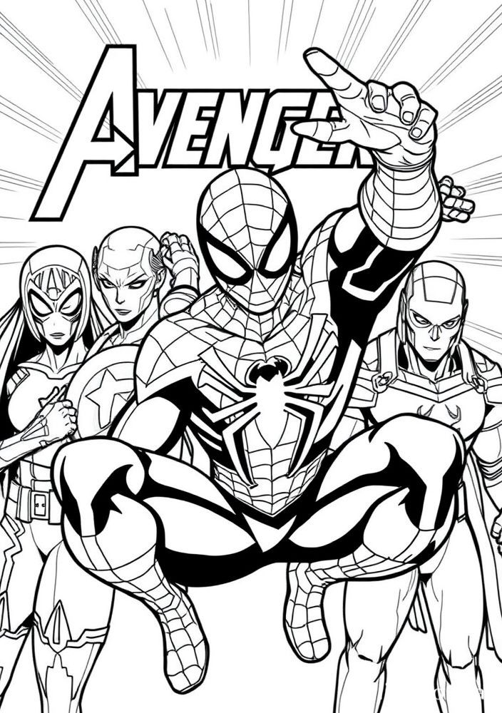 Desenho do Homem Aranha e Vingadores juntos para colorir