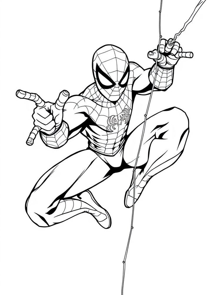 Desenho do Homem Aranha em ação com a teia para colorir