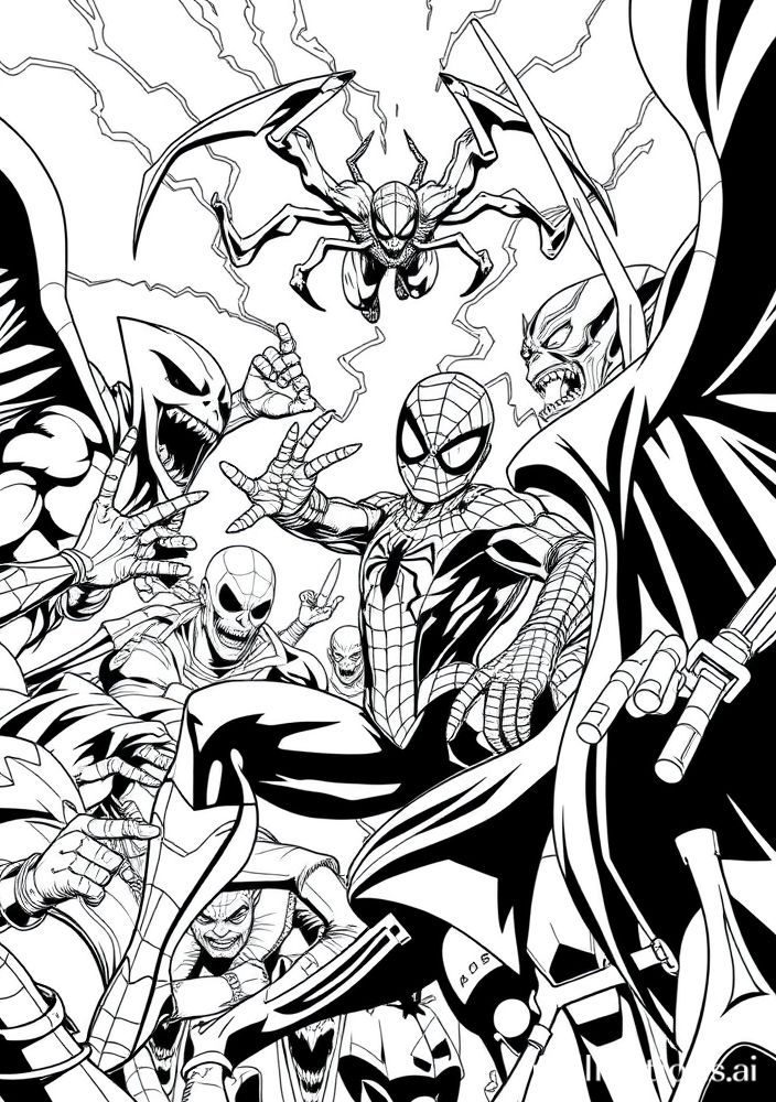 Desenho do Homem Aranha em ação contra outros vilões para colorir