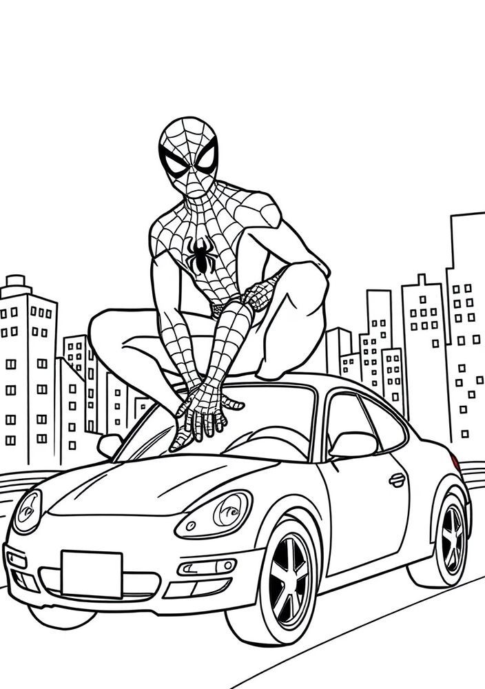 Desenho do Homem Aranha em cima de um carro para colorir