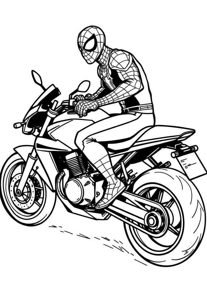 Desenho do Homem Aranha em sua moto para colorir