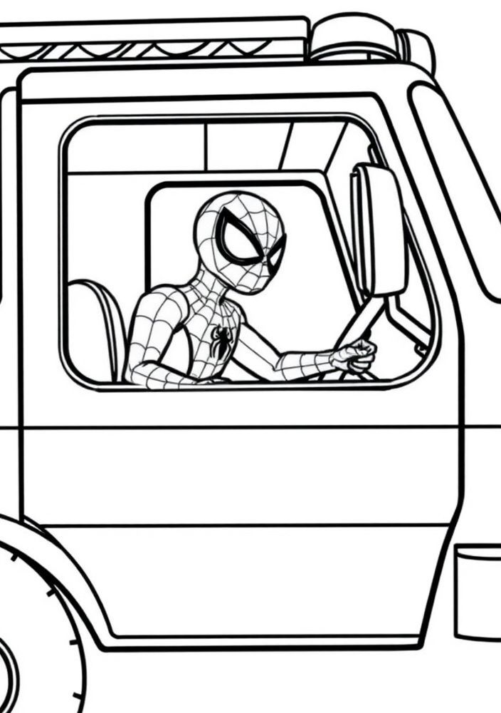 Desenho do Homem Aranha em um carro de bombeiros para colorir
