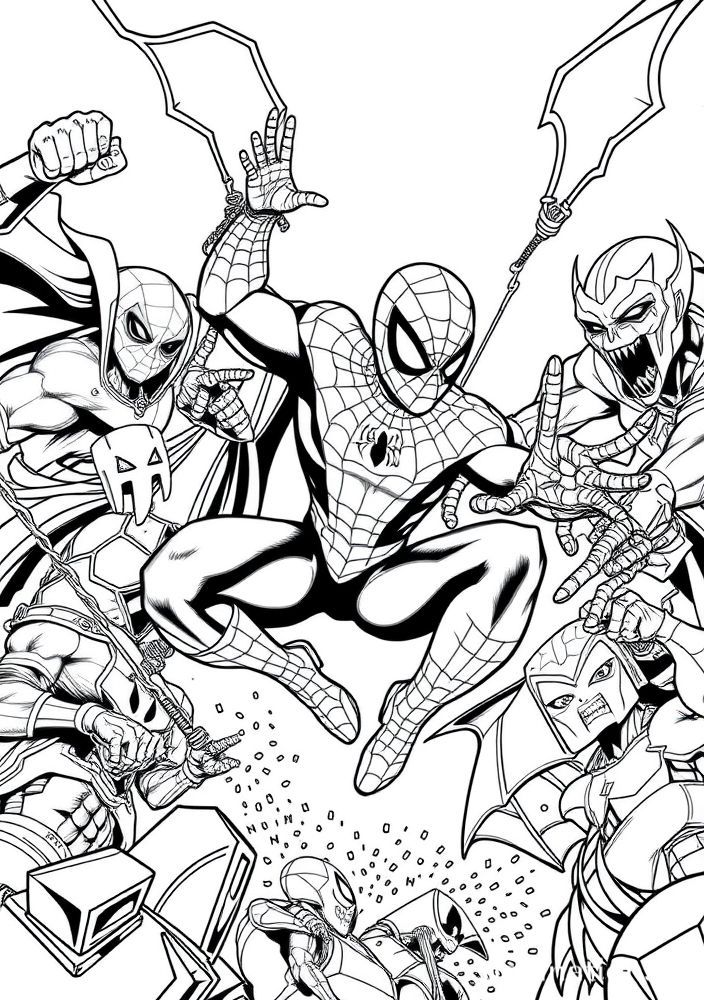 Desenho do Homem Aranha em um combate contra vilões para colorir