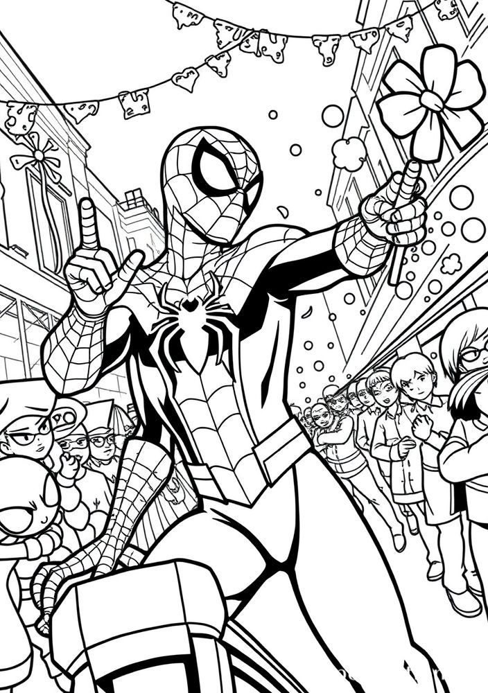 Desenho do Homem Aranha em um desfile de super-heróis para colorir