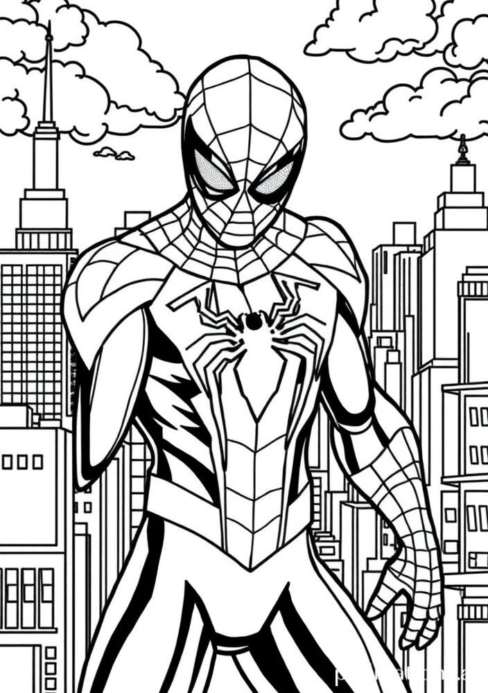 Desenho do Homem Aranha em um fundo urbano para colorir