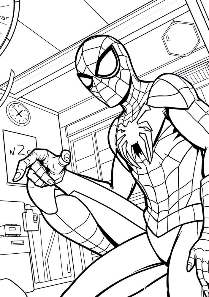 Desenho do Homem Aranha em um momento de ação na escola para colorir