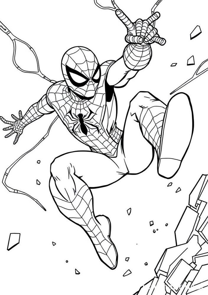 Desenho do Homem Aranha em uma cena de batalha aérea para colorir