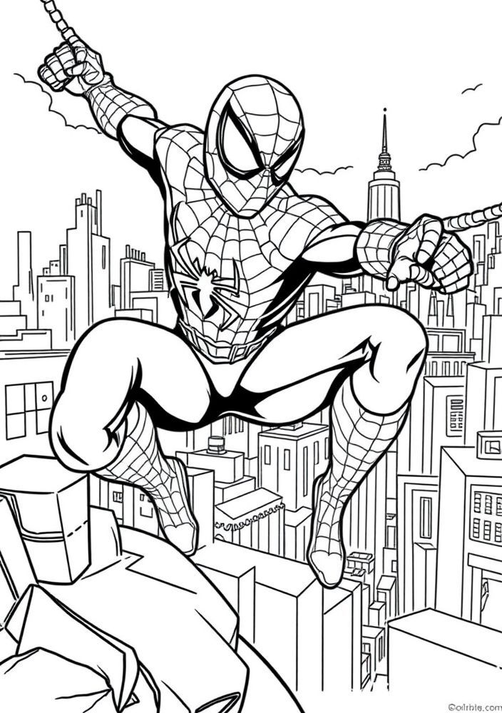 Desenho do Homem Aranha em uma pose de super-herói com a cidade ao fundo para colorir