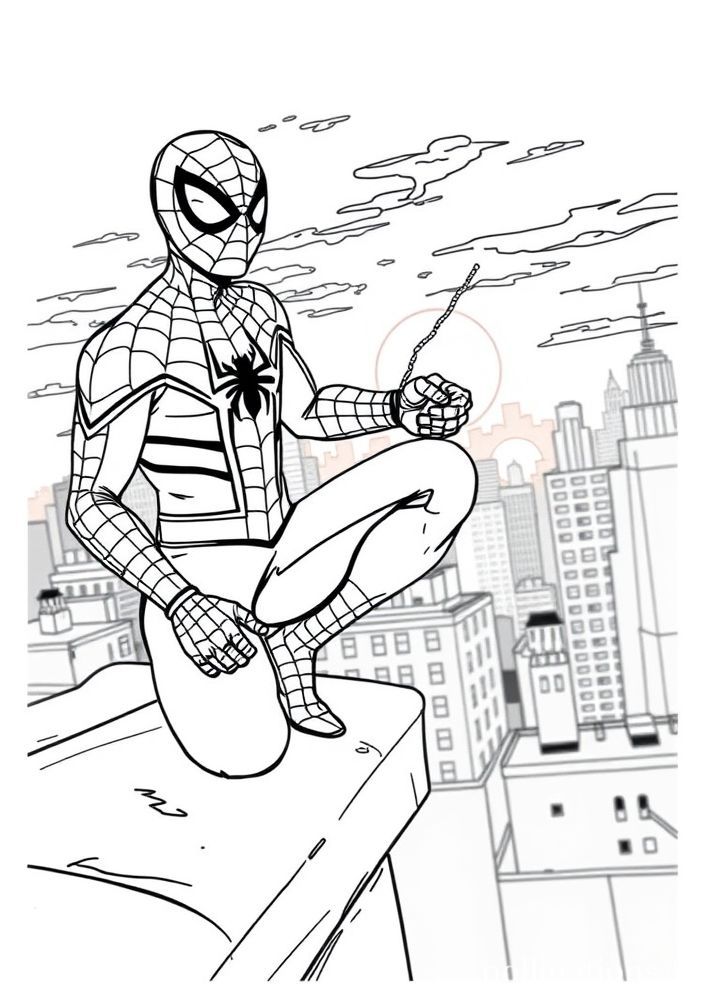 Desenho do Homem-Aranha no telhado da cidade para colorir