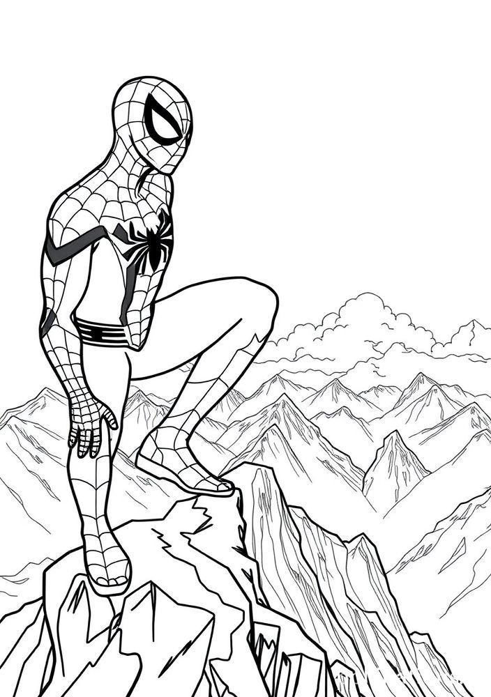 Desenho do Homem Aranha no topo de uma montanha para colorir