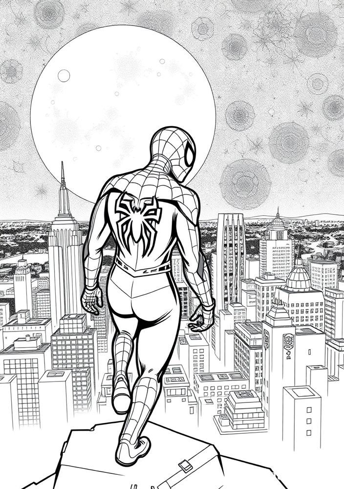 Desenho do Homem Aranha observando a cidade à noite para colorir