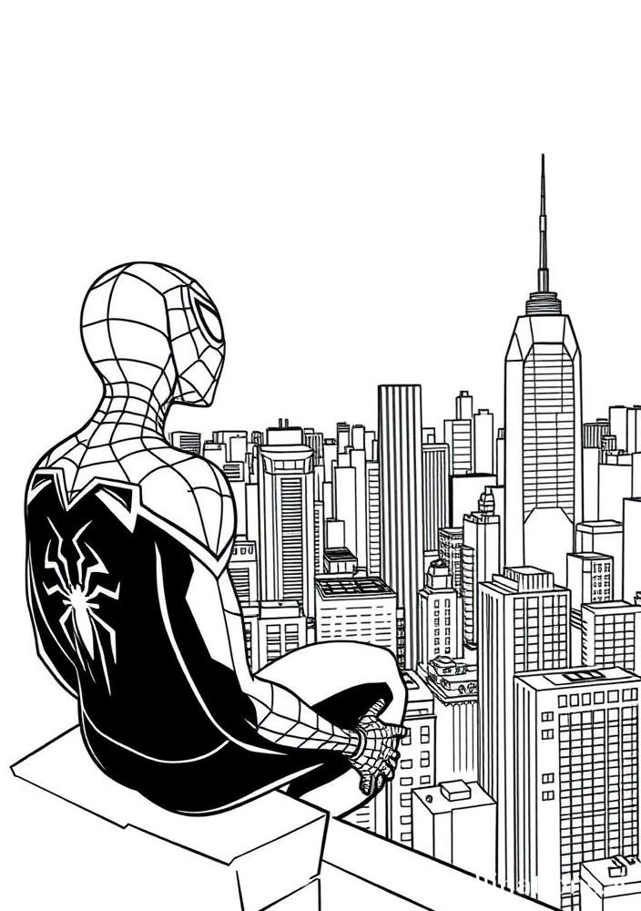 Desenho do Homem Aranha observando a cidade para colorir