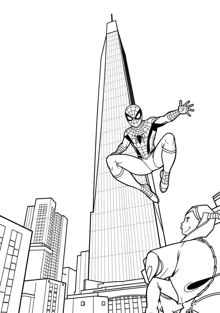 Desenho do Homem Aranha pulando em frente a um arranha-céu para colorir