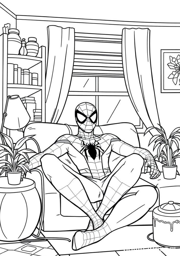 Desenho do Homem Aranha relaxando em casa para colorir