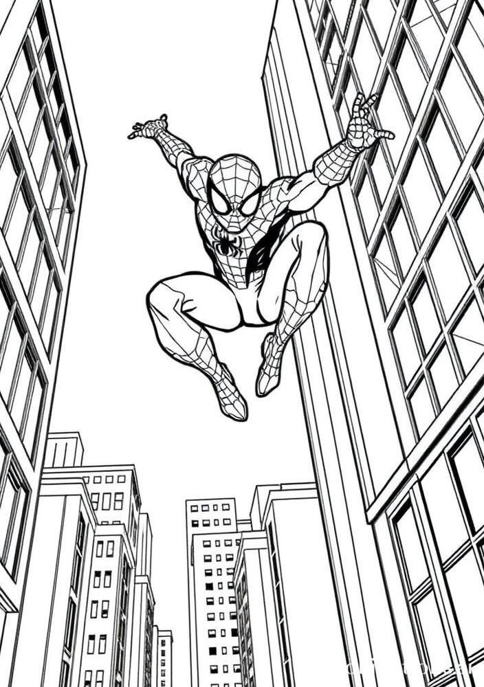 Desenho do Homem Aranha saltando entre os prédios para colorir