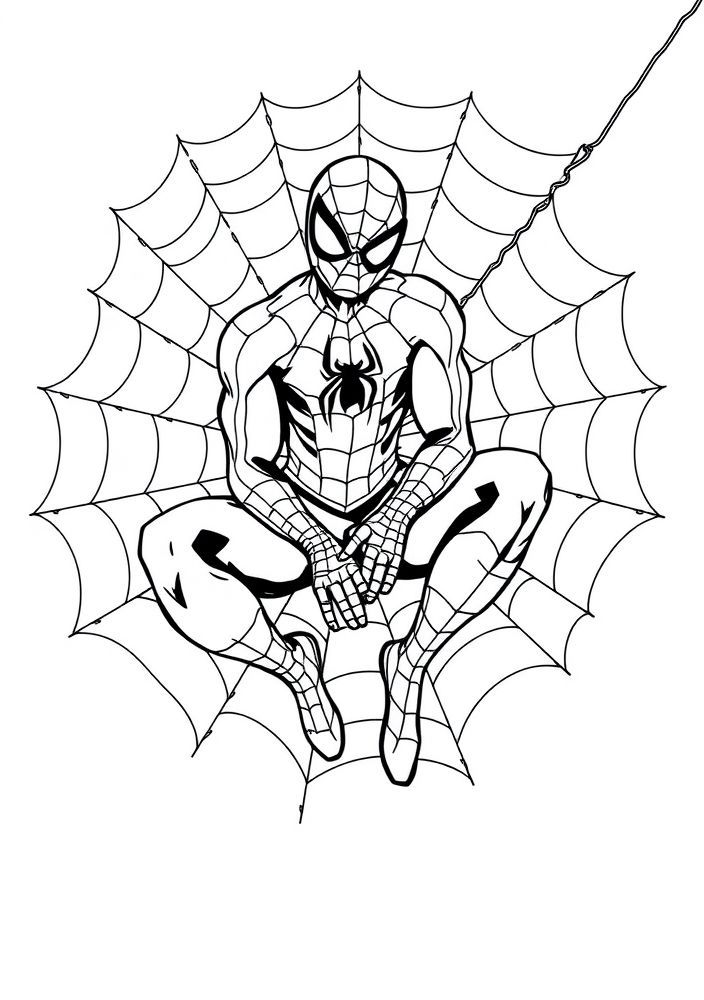 Desenho do Homem-Aranha sentado em uma teia para colorir