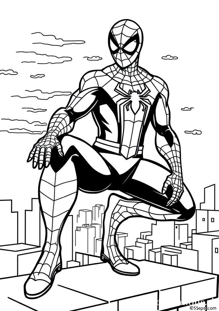 Desenho do Homem Aranha sobre um telhado para colorir