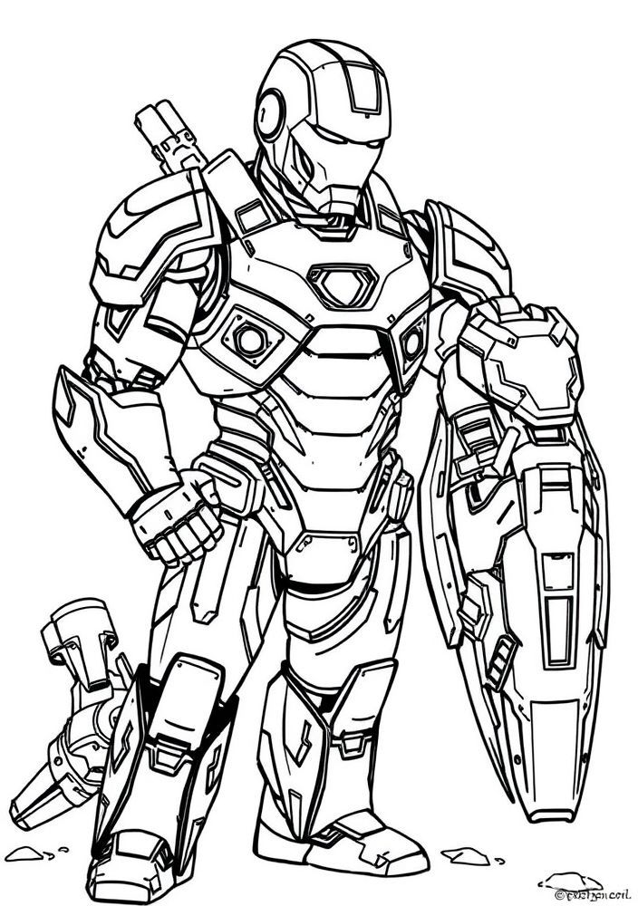 Desenho do Homem de Ferro ao lado de uma armadura desmontada para colorir