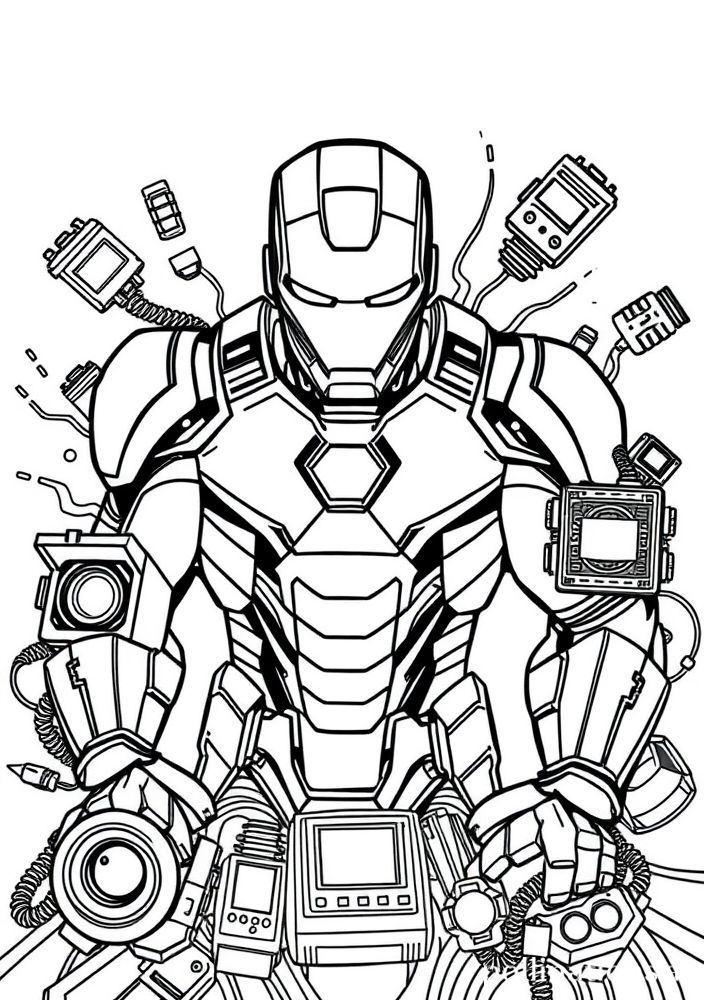 Desenho do Homem de Ferro cercado por tecnologia para colorir